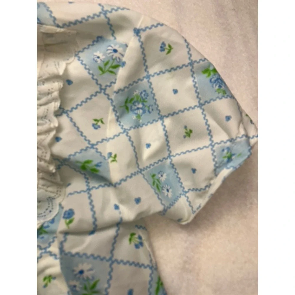 Vintage Pajamas Kids Size 8 Blue White Floral Lace Ruffle 70s Sleepwear‎ Set